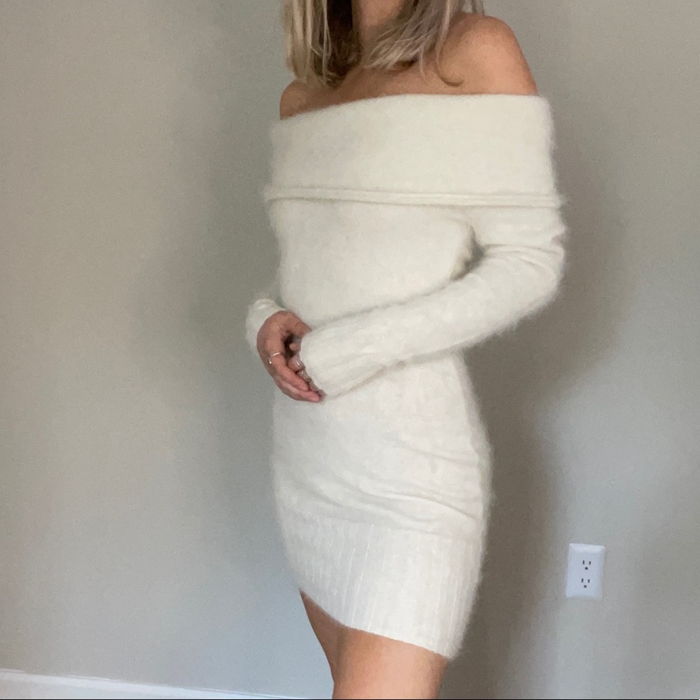 Moda international fuzzy off the shoulder mini dress white